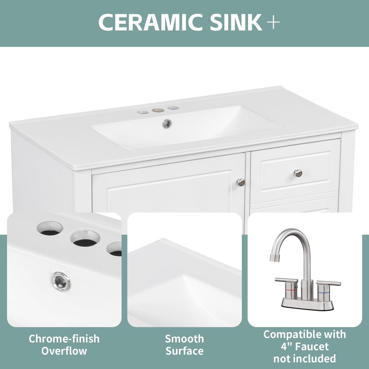VanityFus 36-in White Bathroom Vanity Single Sink Combo Ceramic Top 1 Soft Close Door 3 drawers Undermount