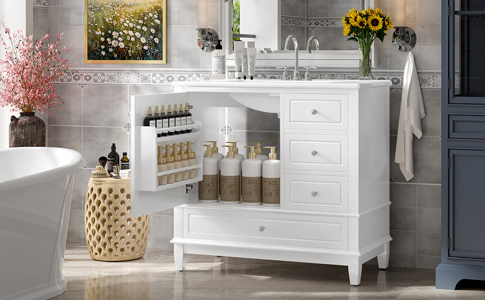 VanityFus 36-in White Bathroom Vanity Single Sink Combo Ceramic Top 1 Soft Close Door 3 drawers Undermount