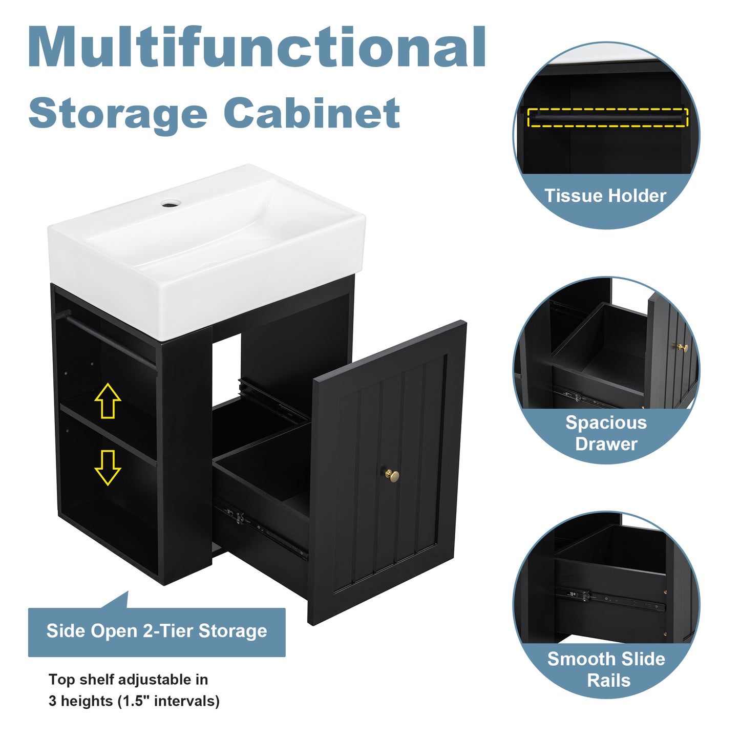 VanityFus 20-in Black Bathroom Vanity Single Sink Combo Ceramic Top 1 drawer Wall-mounted Adjustable Shelves