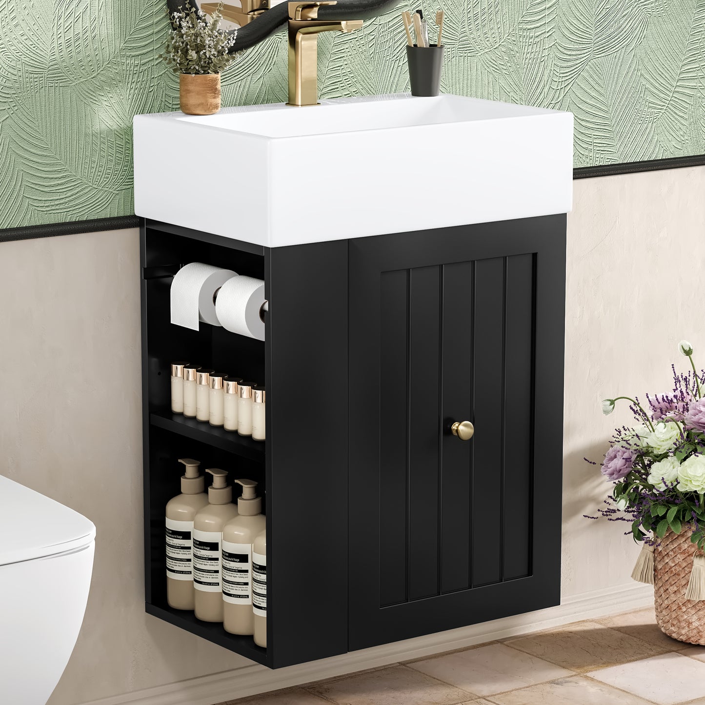 VanityFus 20-in Black Bathroom Vanity Single Sink Combo Ceramic Top 1 drawer Wall-mounted Adjustable Shelves
