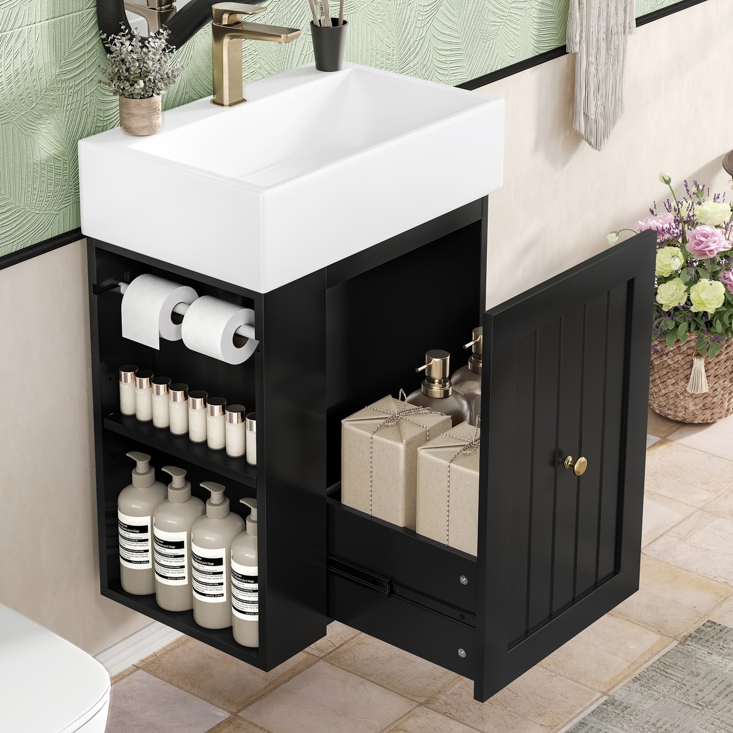 VanityFus 20-in Black Bathroom Vanity Single Sink Combo Ceramic Top 1 drawer Wall-mounted Adjustable Shelves