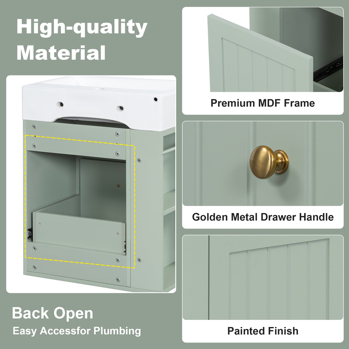 VanityFus 20-in Green Bathroom Vanity Single Sink Combo Ceramic Top 1 drawer Wall-mounted Adjustable Shelves