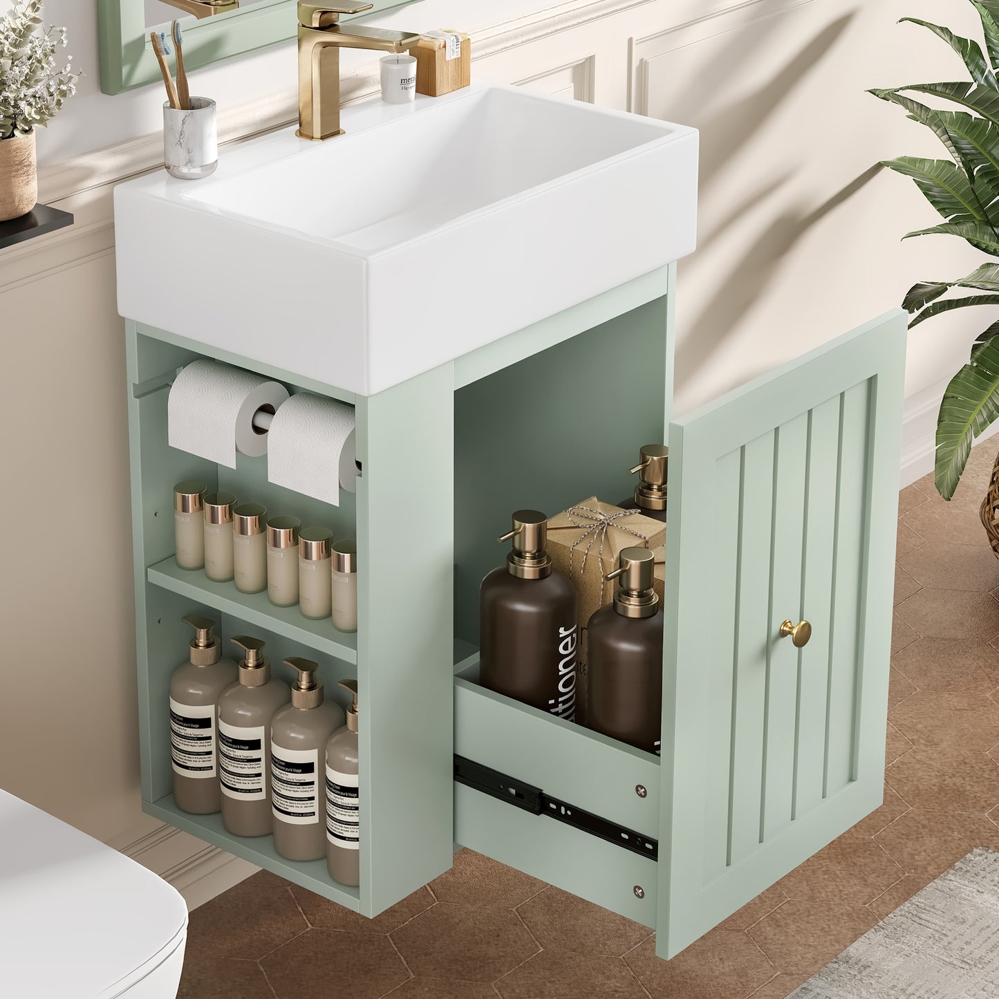 VanityFus 20-in Green Bathroom Vanity Single Sink Combo Ceramic Top 1 drawer Wall-mounted Adjustable Shelves