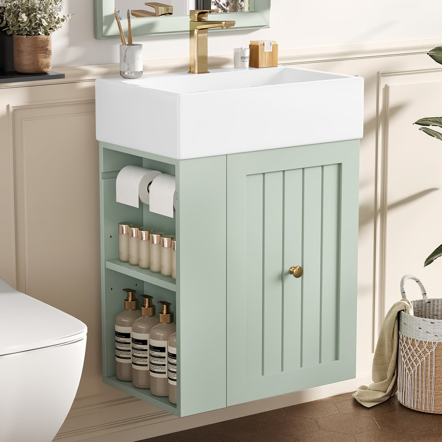 VanityFus 20-in Green Bathroom Vanity Single Sink Combo Ceramic Top 1 drawer Wall-mounted Adjustable Shelves