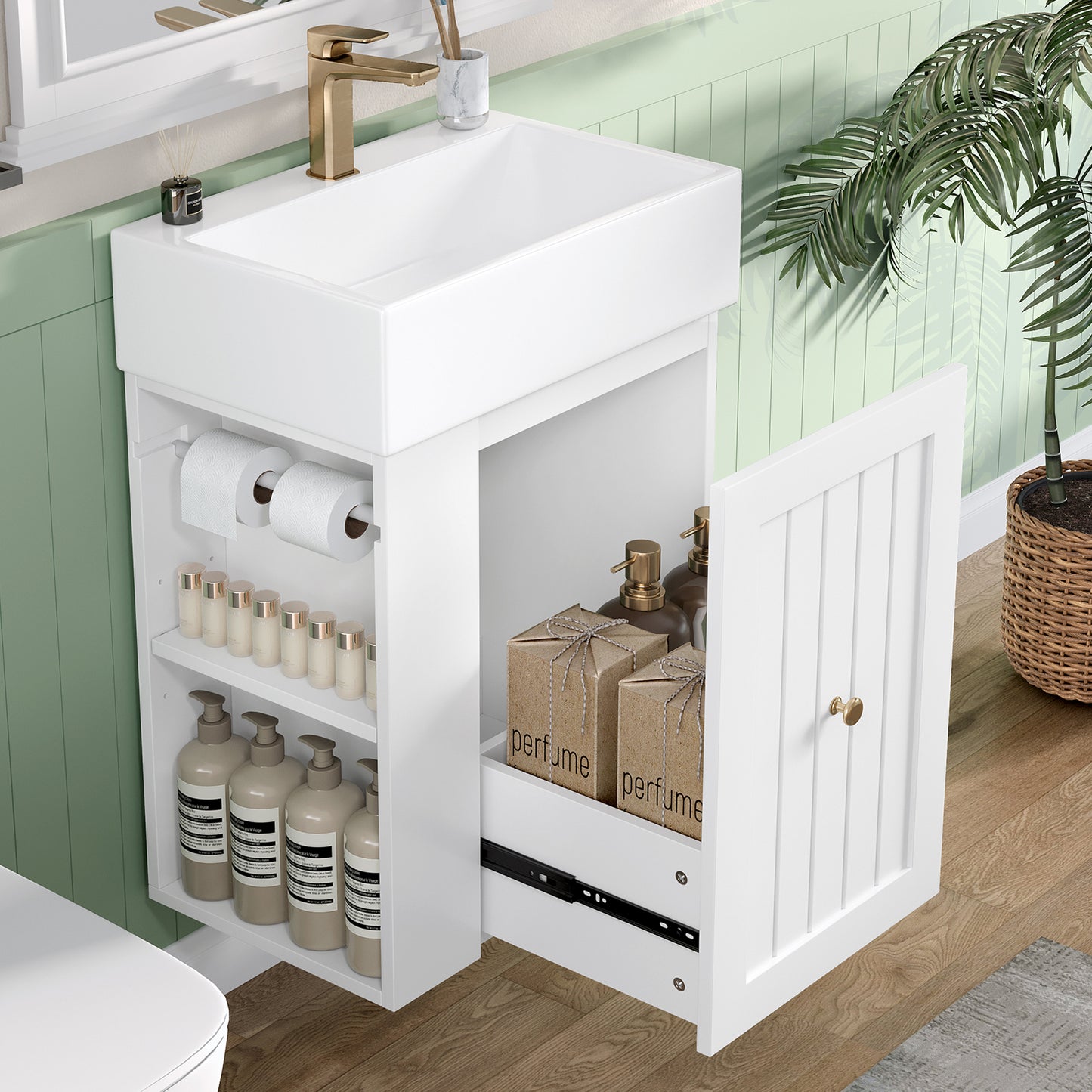 VanityFus 20-in White Bathroom Vanity Single Sink Combo Ceramic Top 1 drawer Wall-mounted Adjustable Shelves
