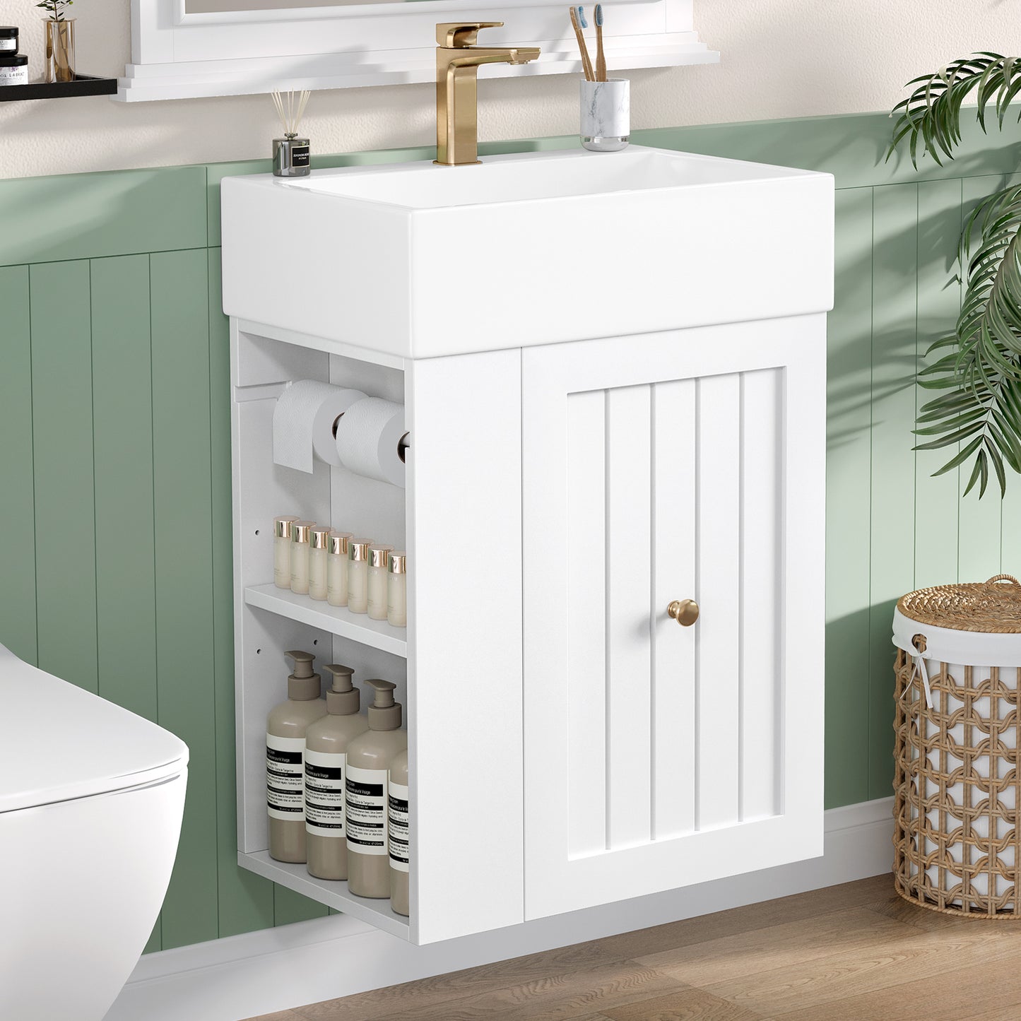VanityFus 20-in White Bathroom Vanity Single Sink Combo Ceramic Top 1 drawer Wall-mounted Adjustable Shelves