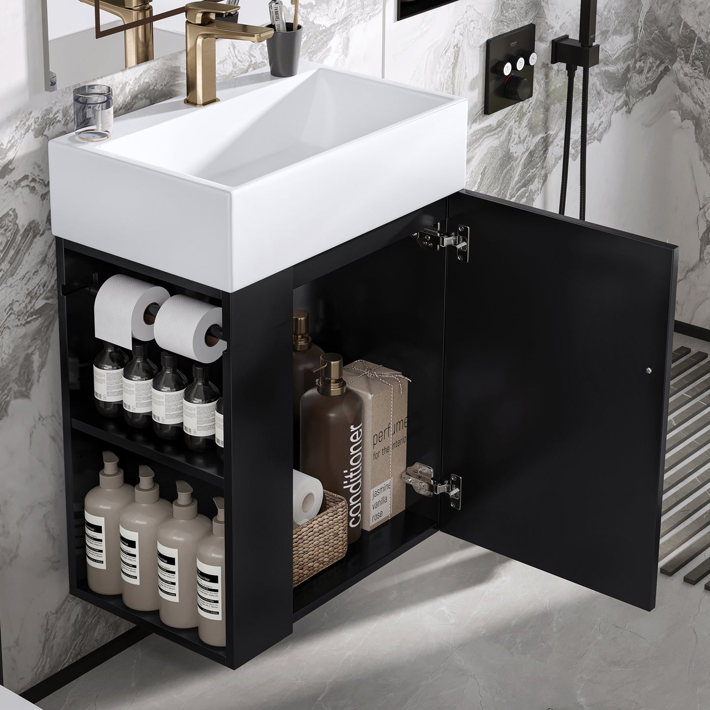 VanityFus 20-in Black Bathroom Vanity Single Sink Combo Ceramic Top 1 Soft Close Door Wall-mounted Adjustable Shelves