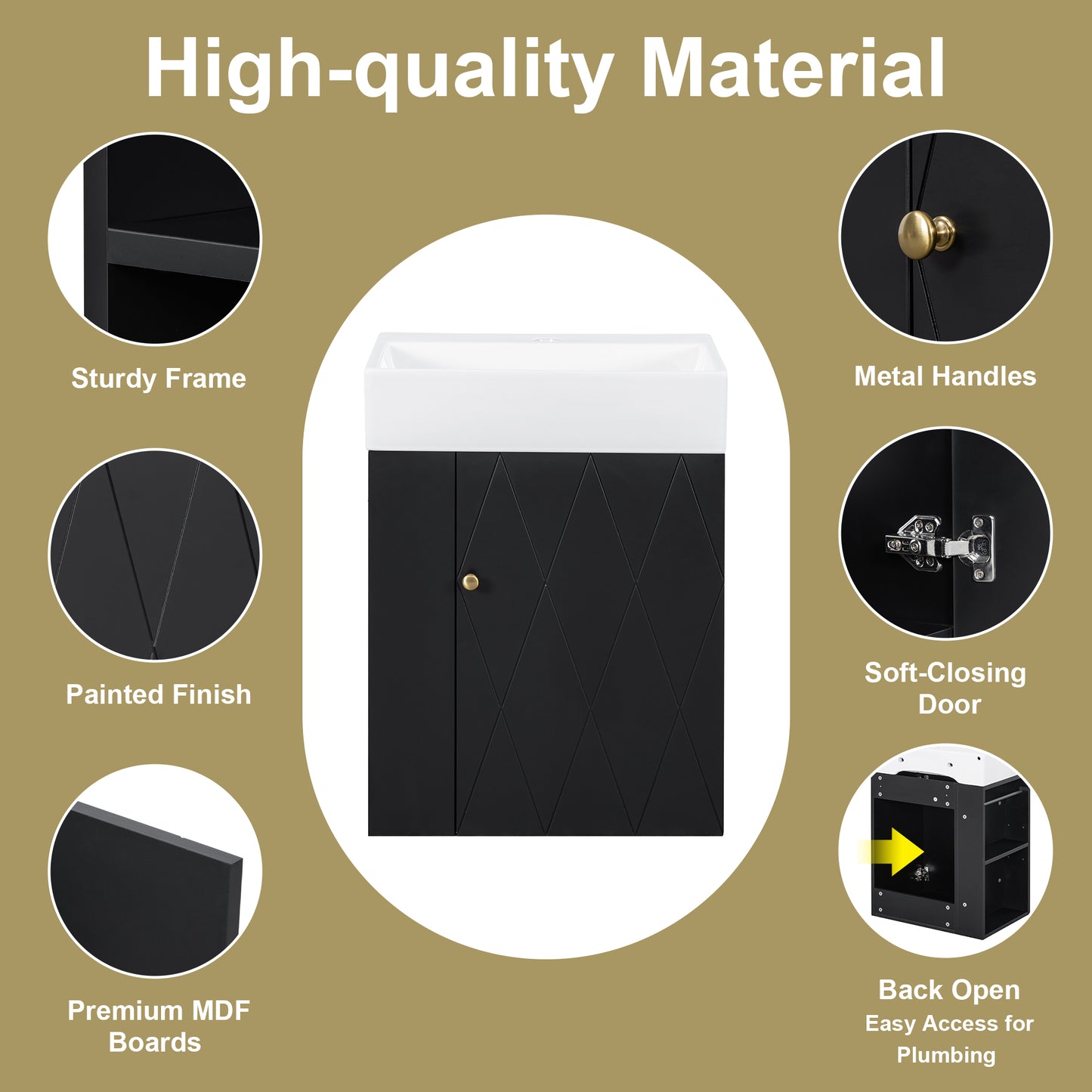 VanityFus 20-in Black Bathroom Vanity Single Sink Combo Ceramic Top 1 Soft Close Door Wall-mounted Adjustable Shelves