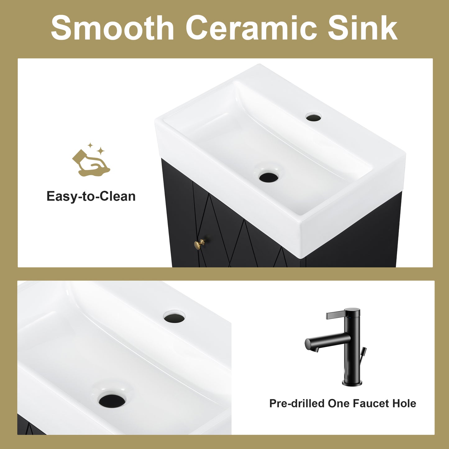 VanityFus 20-in Black Bathroom Vanity Single Sink Combo Ceramic Top 1 Soft Close Door Wall-mounted Adjustable Shelves