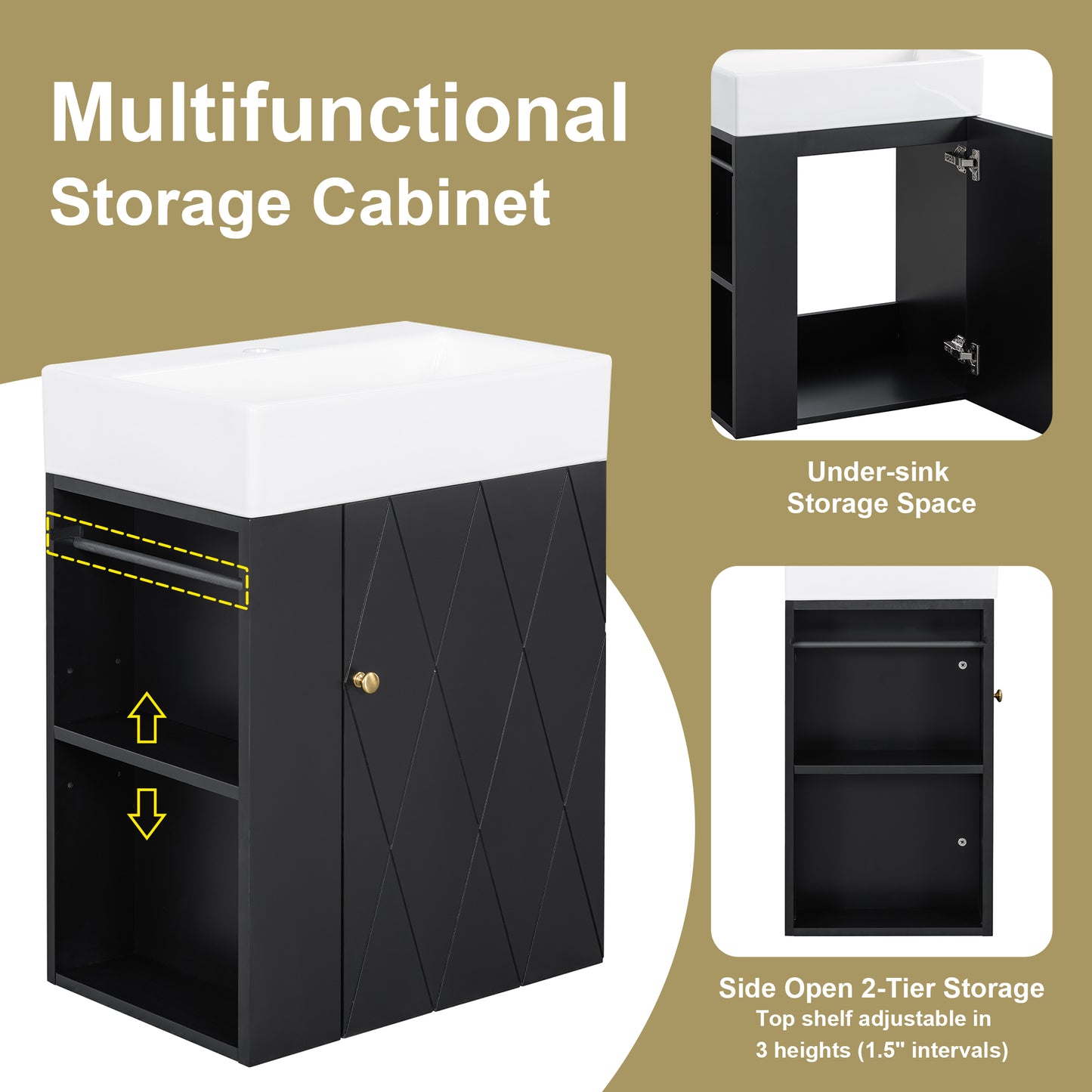 VanityFus 20-in Black Bathroom Vanity Single Sink Combo Ceramic Top 1 Soft Close Door Wall-mounted Adjustable Shelves