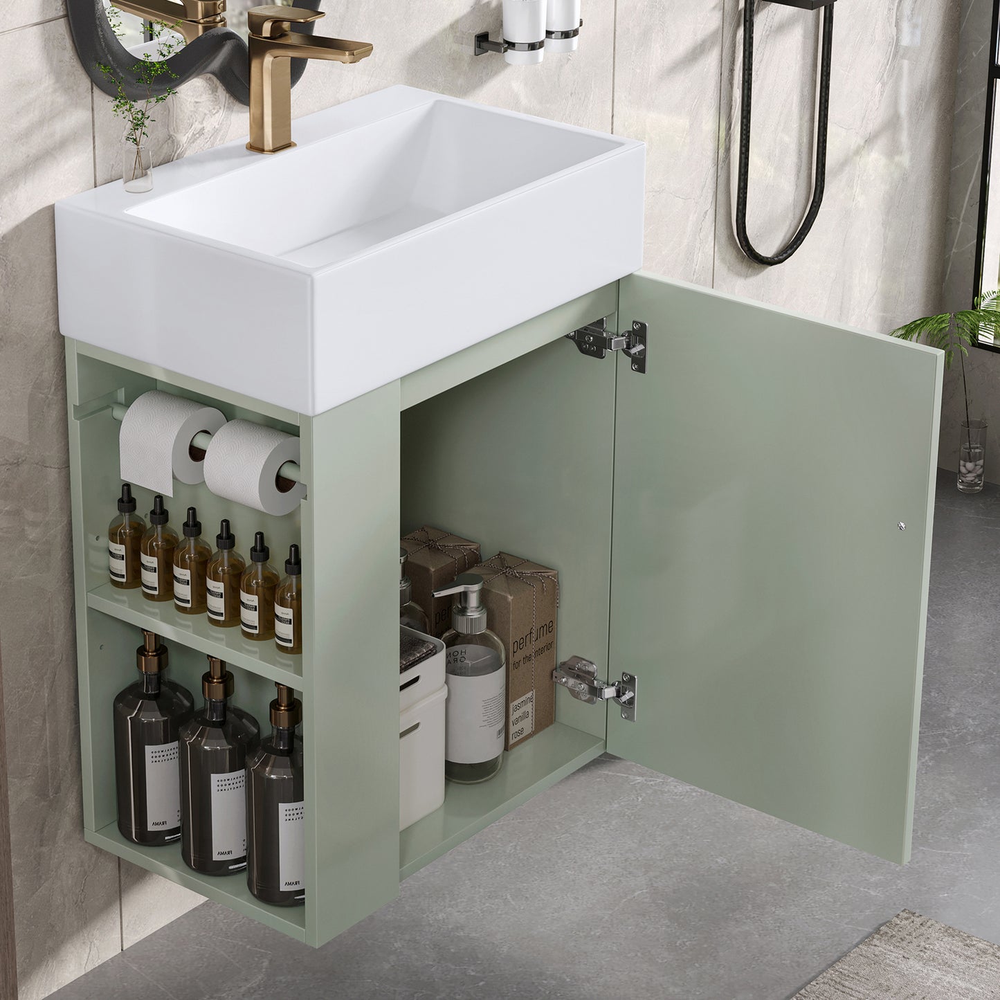 VanityFus 20-in Green Bathroom Vanity Single Sink Combo Ceramic Top 1 Soft Close Door Wall-mounted Adjustable Shelves