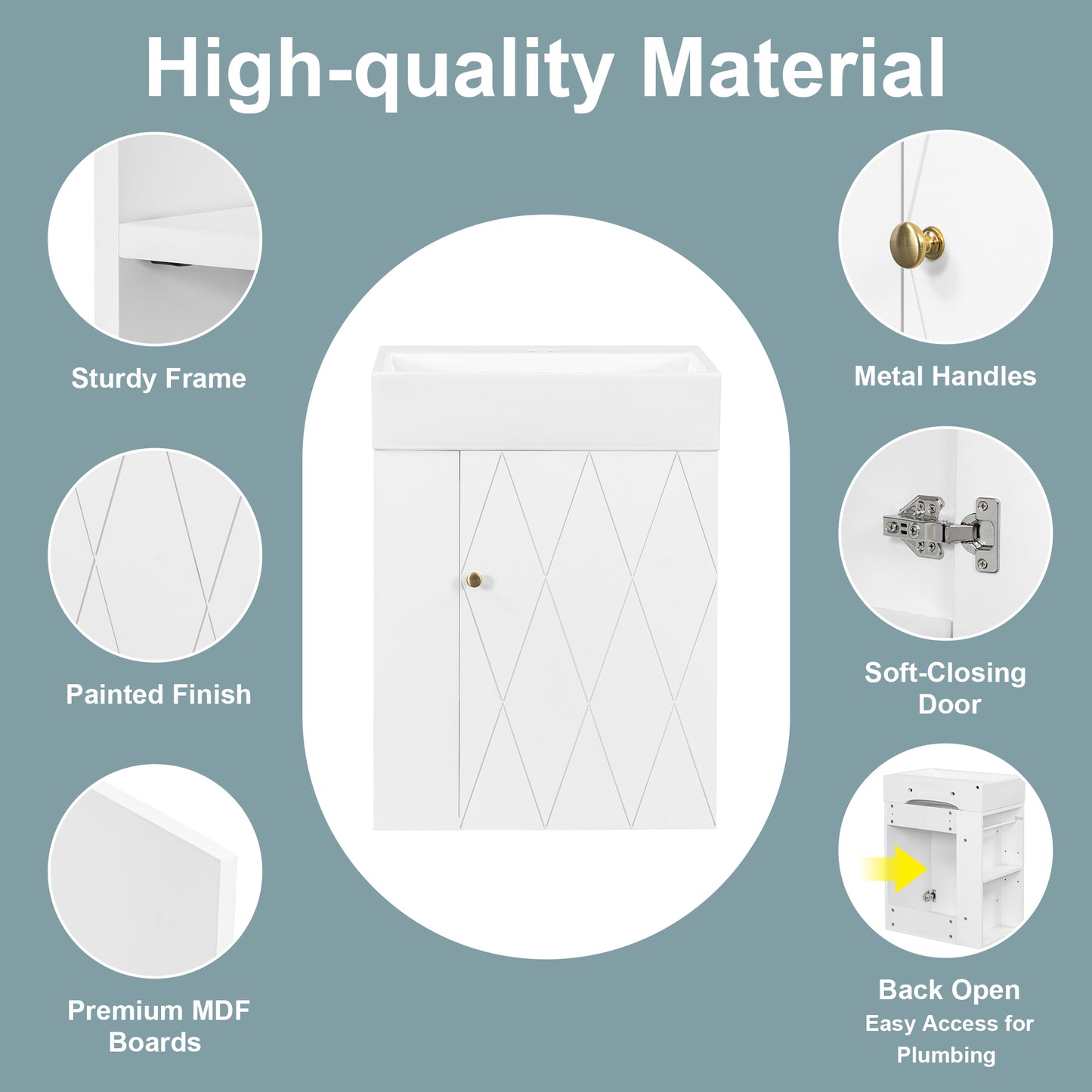 VanityFus 20-in White Bathroom Vanity Single Sink Combo Ceramic Top 1 Soft Close Door Wall-mounted Adjustable Shelves
