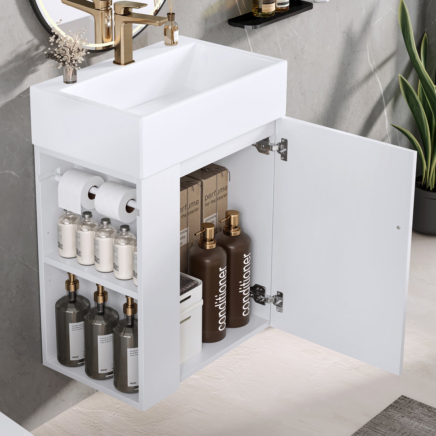 VanityFus 20-in White Bathroom Vanity Single Sink Combo Ceramic Top 1 Soft Close Door Wall-mounted Adjustable Shelves
