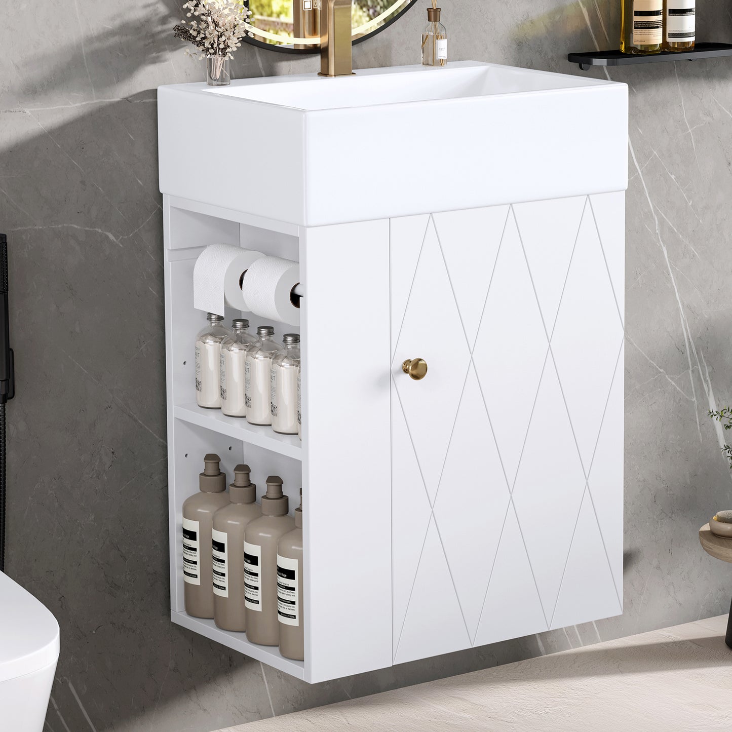 VanityFus 20-in White Bathroom Vanity Single Sink Combo Ceramic Top 1 Soft Close Door Wall-mounted Adjustable Shelves