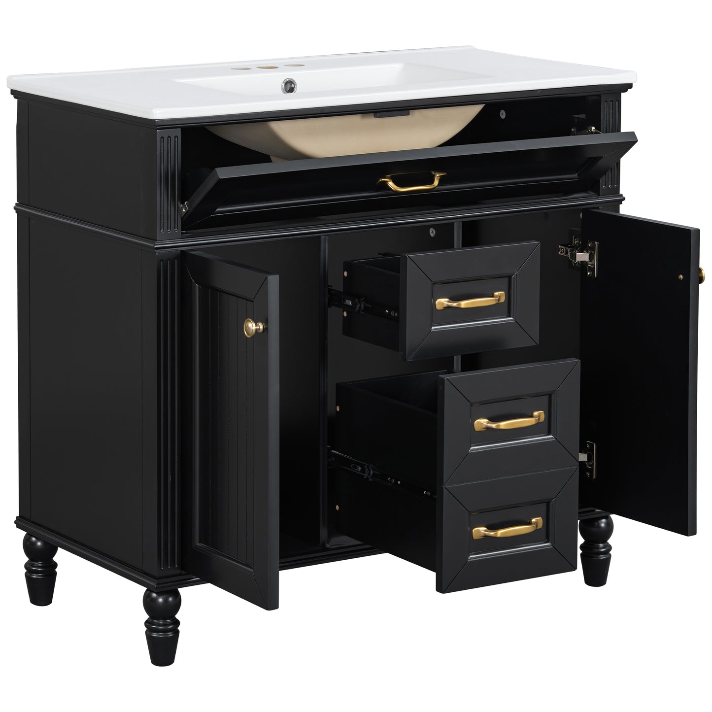 VanityFus 36-in Black Bathroom Vanity Single Sink Combo Ceramic Top 2 Soft Close Doors 3 drawers Undermount