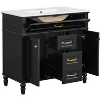 VanityFus 36-in Black Bathroom Vanity Single Sink Combo Ceramic Top 2 Soft Close Doors 3 drawers Undermount