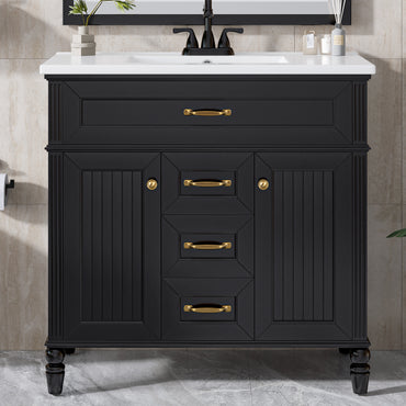 VanityFus 36-in Black Bathroom Vanity Single Sink Combo Ceramic Top 2 Soft Close Doors 3 drawers Undermount