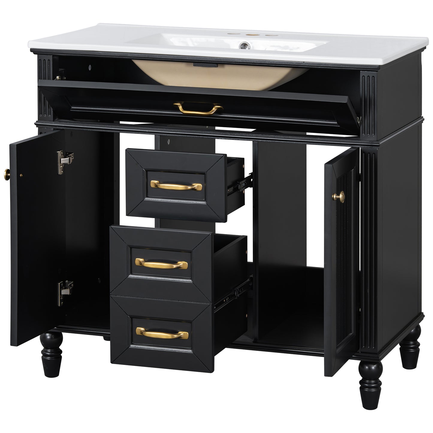 VanityFus 36-in Black Bathroom Vanity Single Sink Combo Ceramic Top 2 Soft Close Doors 3 drawers Undermount