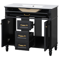 VanityFus 36-in Black Bathroom Vanity Single Sink Combo Ceramic Top 2 Soft Close Doors 3 drawers Undermount