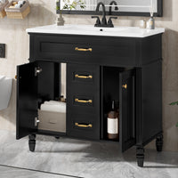 VanityFus 36-in Black Bathroom Vanity Single Sink Combo Ceramic Top 2 Soft Close Doors 3 drawers Undermount