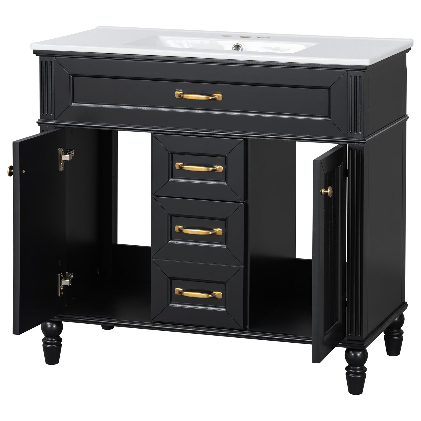 VanityFus 36-in Black Bathroom Vanity Single Sink Combo Ceramic Top 2 Soft Close Doors 3 drawers Undermount