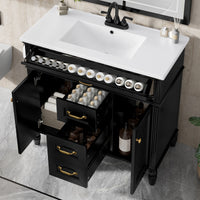 VanityFus 36-in Black Bathroom Vanity Single Sink Combo Ceramic Top 2 Soft Close Doors 3 drawers Undermount