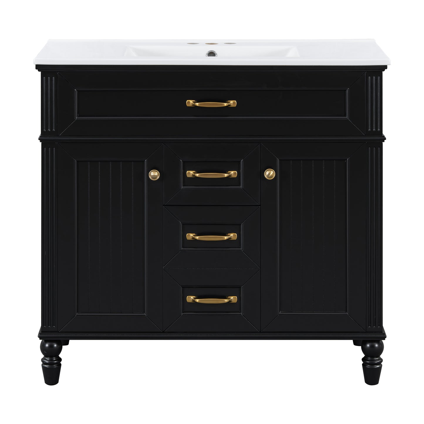 VanityFus 36-in Black Bathroom Vanity Single Sink Combo Ceramic Top 2 Soft Close Doors 3 drawers Undermount
