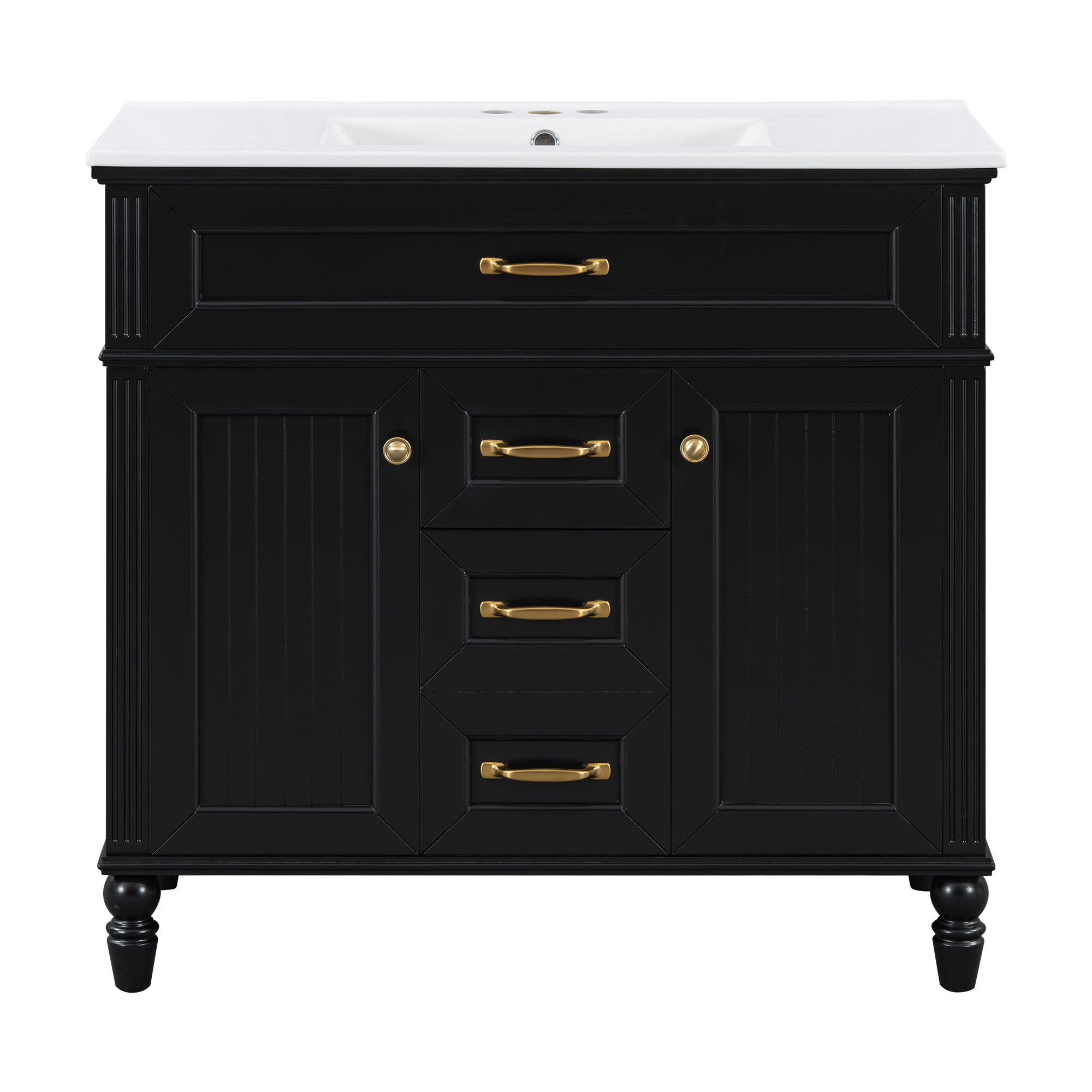 VanityFus 36-in Black Bathroom Vanity Single Sink Combo Ceramic Top 2 Soft Close Doors 3 drawers Undermount