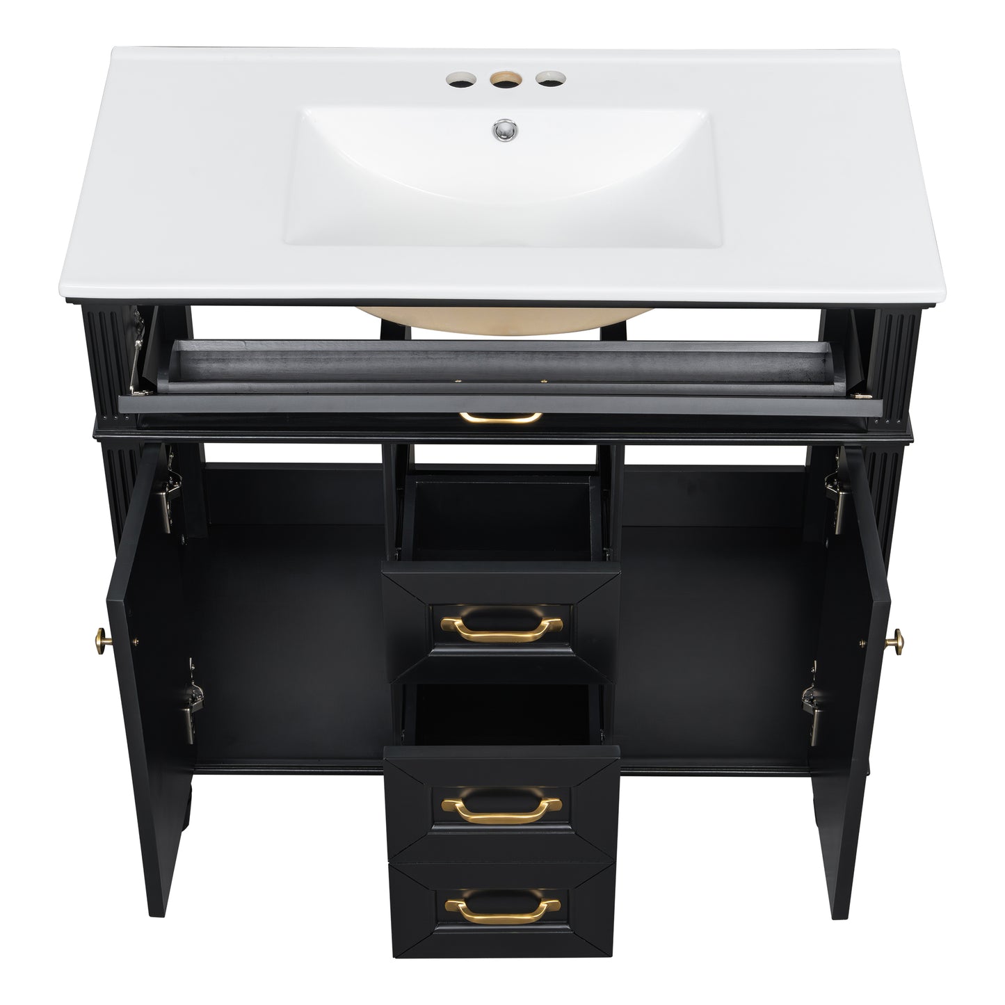 VanityFus 36-in Black Bathroom Vanity Single Sink Combo Ceramic Top 2 Soft Close Doors 3 drawers Undermount