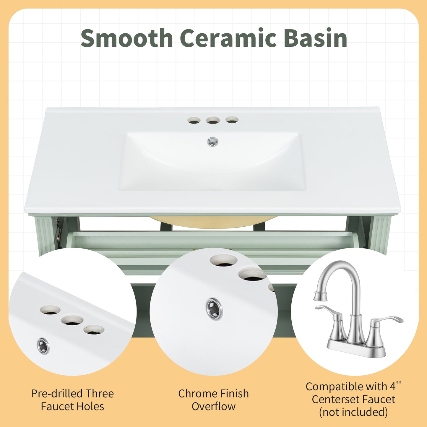 VanityFus 36-in Green Bathroom Vanity Single Sink Combo Ceramic Top 2 Soft Close Doors 3 drawers Undermount