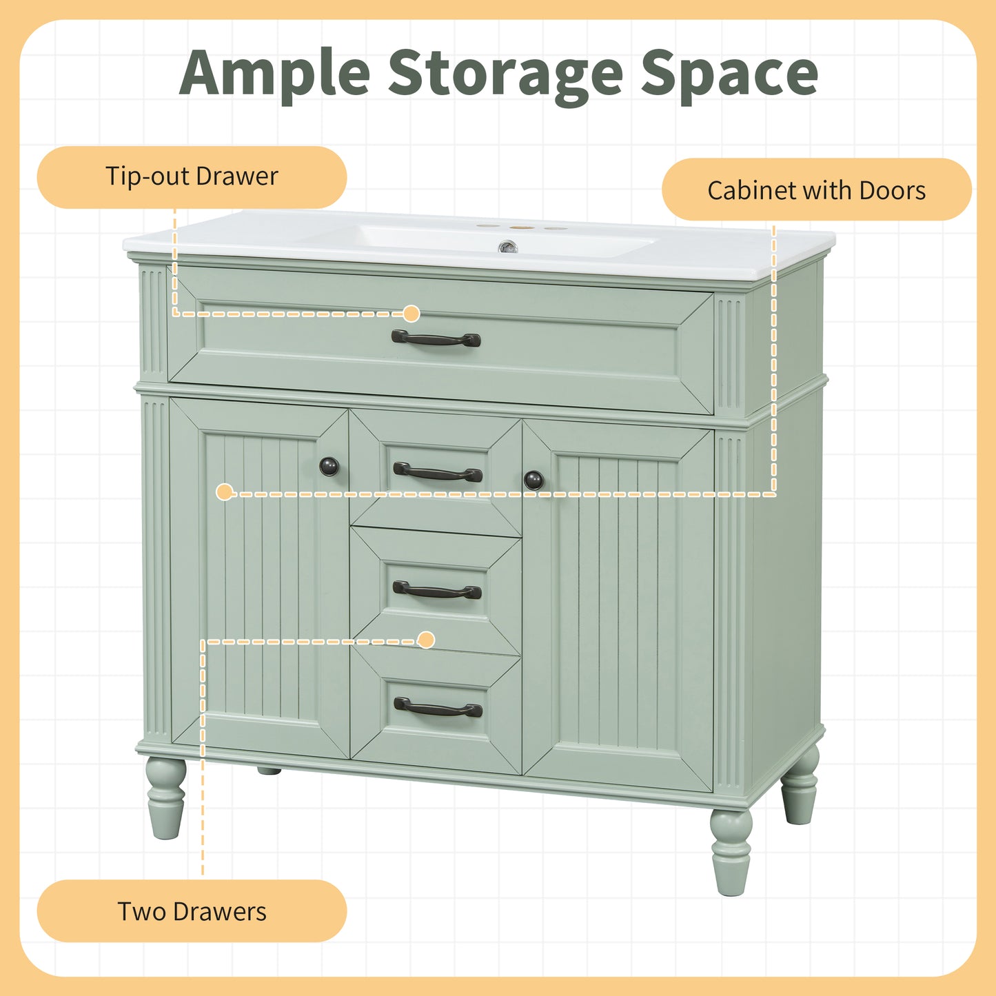 VanityFus 36-in Green Bathroom Vanity Single Sink Combo Ceramic Top 2 Soft Close Doors 3 drawers Undermount