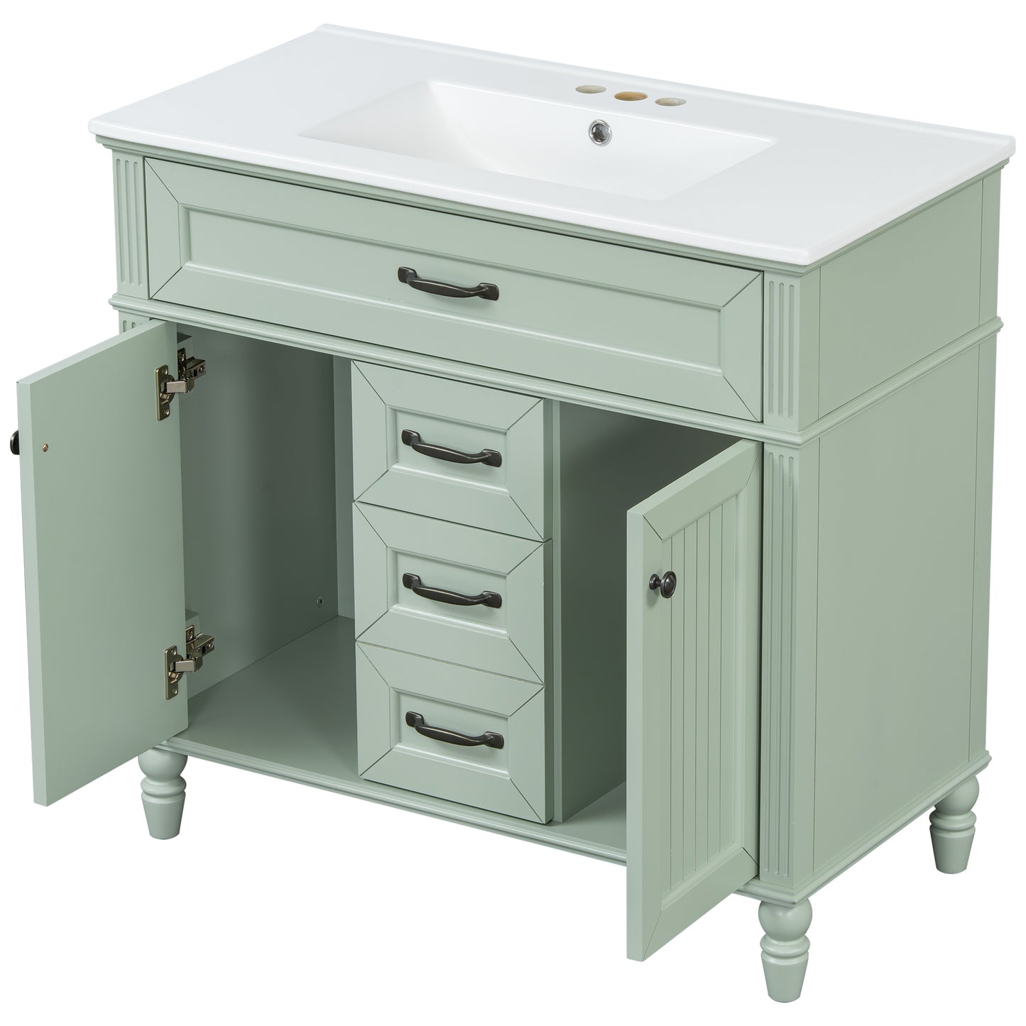 VanityFus 36-in Green Bathroom Vanity Single Sink Combo Ceramic Top 2 Soft Close Doors 3 drawers Undermount