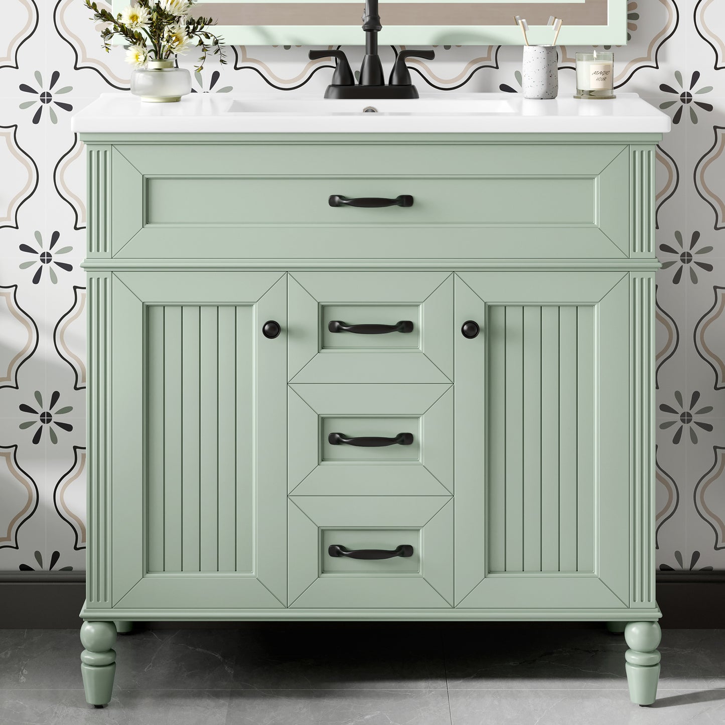 VanityFus 36-in Green Bathroom Vanity Single Sink Combo Ceramic Top 2 Soft Close Doors 3 drawers Undermount