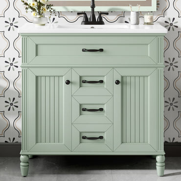 VanityFus 36-in Green Bathroom Vanity Single Sink Combo Ceramic Top 2 Soft Close Doors 3 drawers Undermount