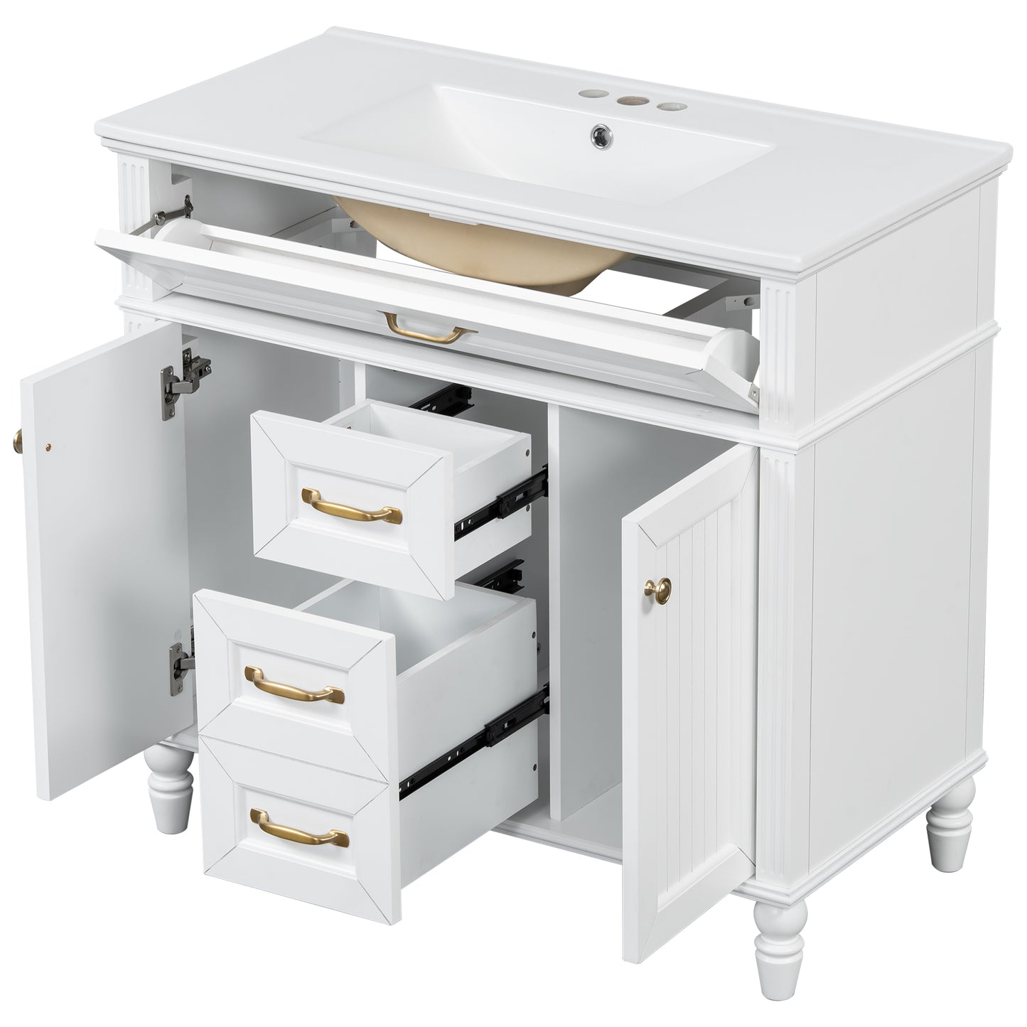 VanityFus 36-in White Bathroom Vanity Single Sink Combo Ceramic Top 2 Soft Close Doors 3 drawers Undermount