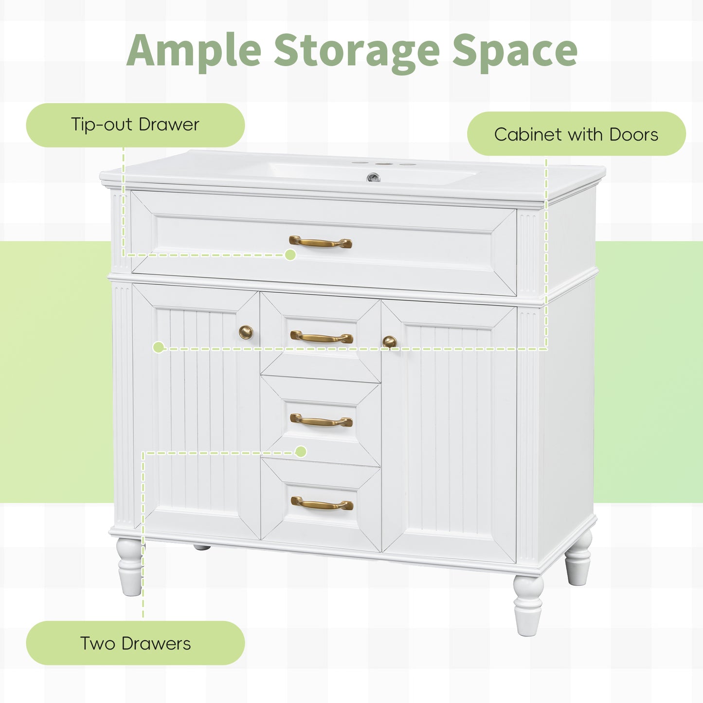 VanityFus 36-in White Bathroom Vanity Single Sink Combo Ceramic Top 2 Soft Close Doors 3 drawers Undermount
