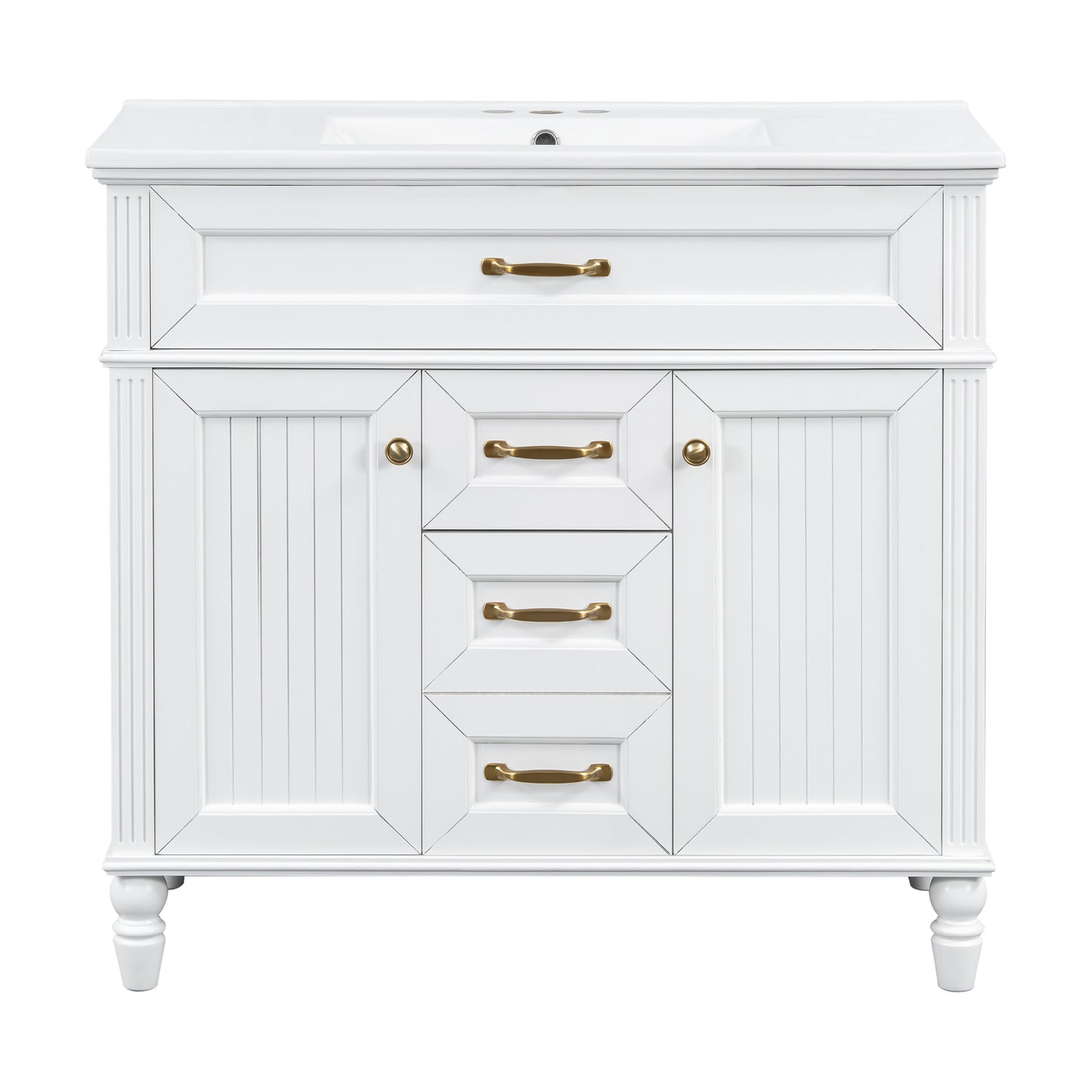 VanityFus 36-in White Bathroom Vanity Single Sink Combo Ceramic Top 2 Soft Close Doors 3 drawers Undermount
