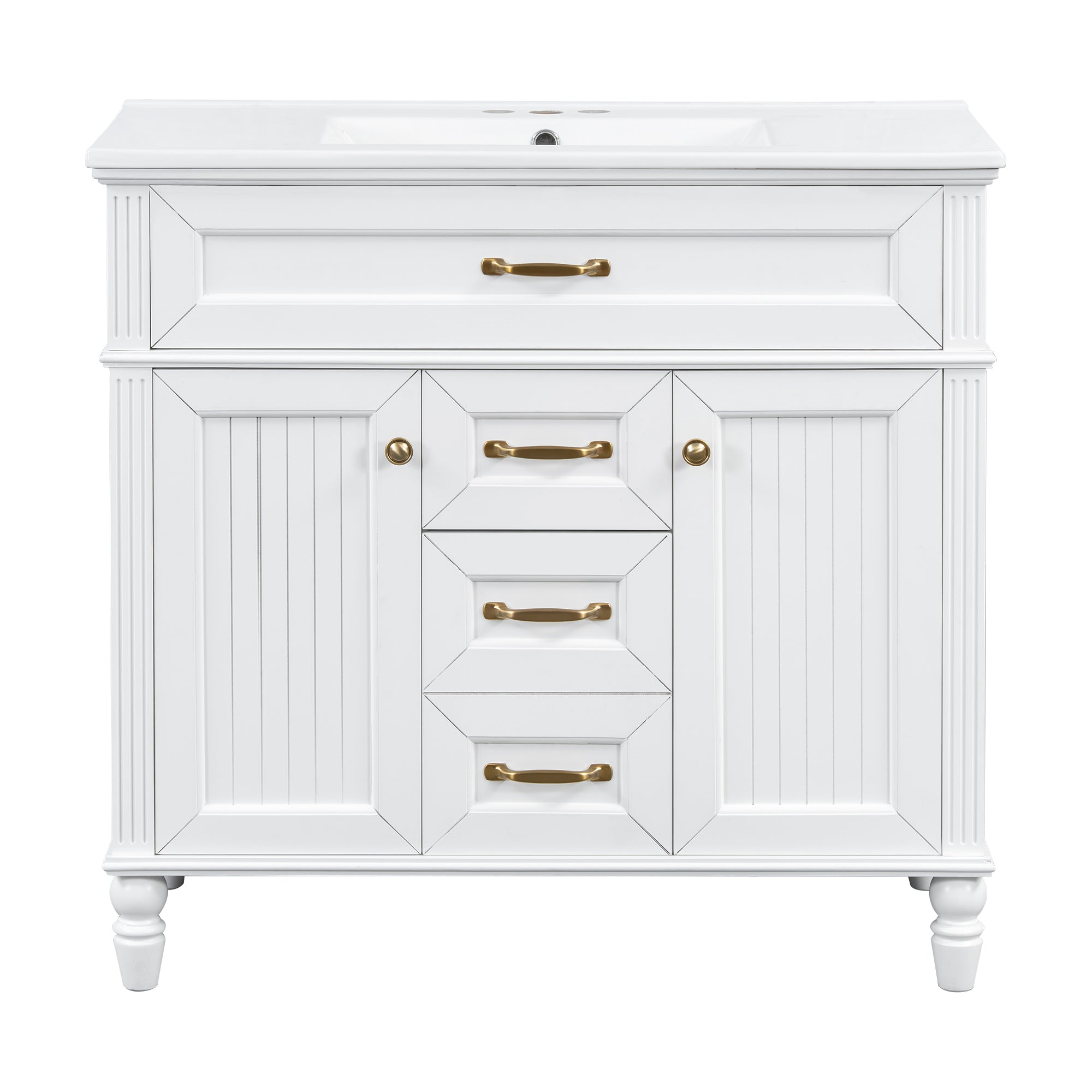 VanityFus 36-in White Bathroom Vanity Single Sink Combo Ceramic Top 2 Soft Close Doors 3 drawers Undermount