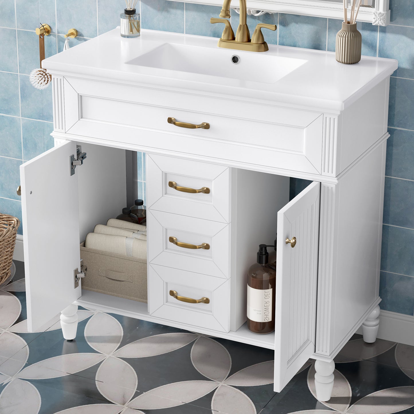 VanityFus 36-in White Bathroom Vanity Single Sink Combo Ceramic Top 2 Soft Close Doors 3 drawers Undermount