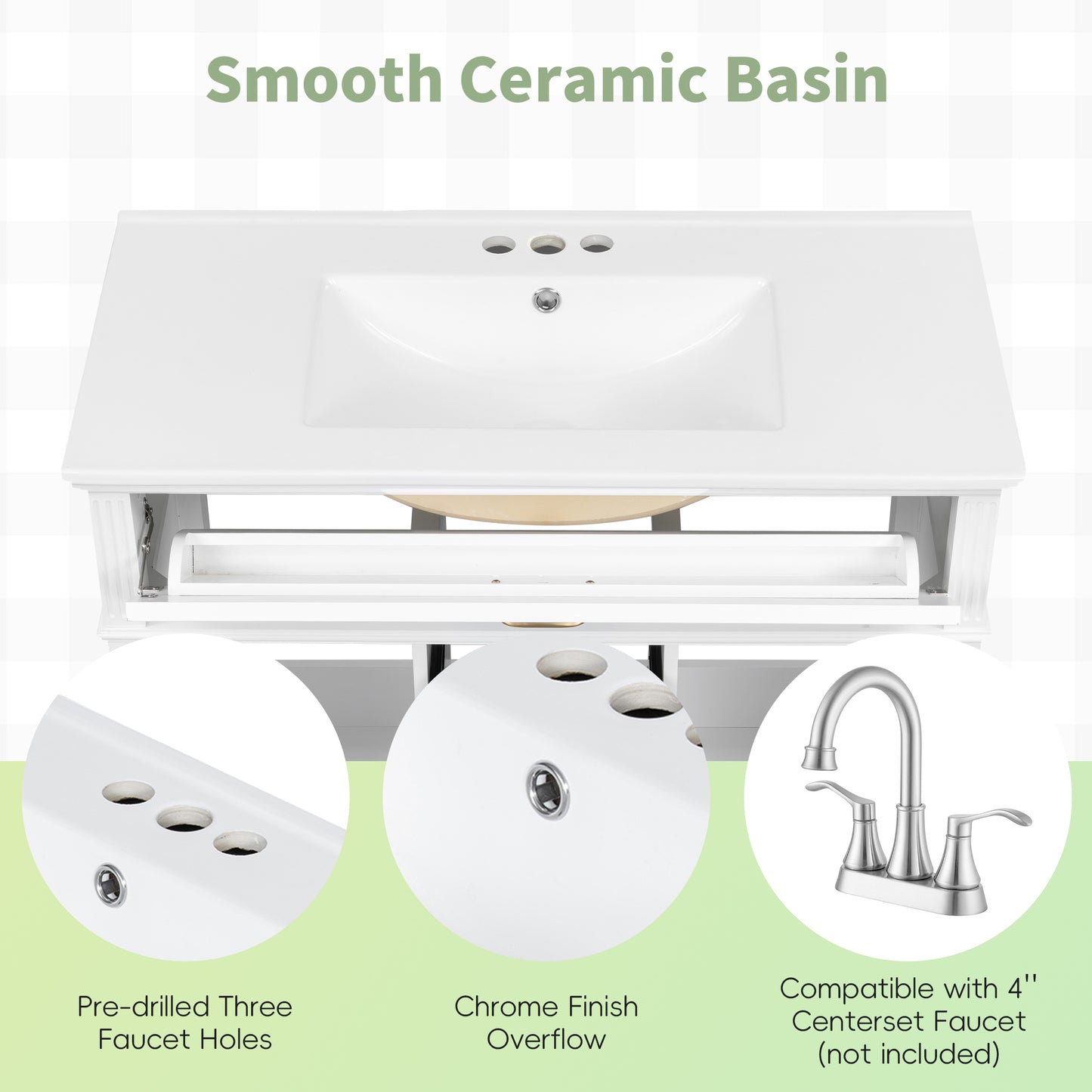 VanityFus 36-in White Bathroom Vanity Single Sink Combo Ceramic Top 2 Soft Close Doors 3 drawers Undermount