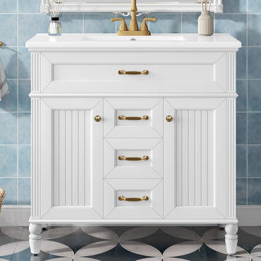 VanityFus 36-in White Bathroom Vanity Single Sink Combo Ceramic Top 2 Soft Close Doors 3 drawers Undermount