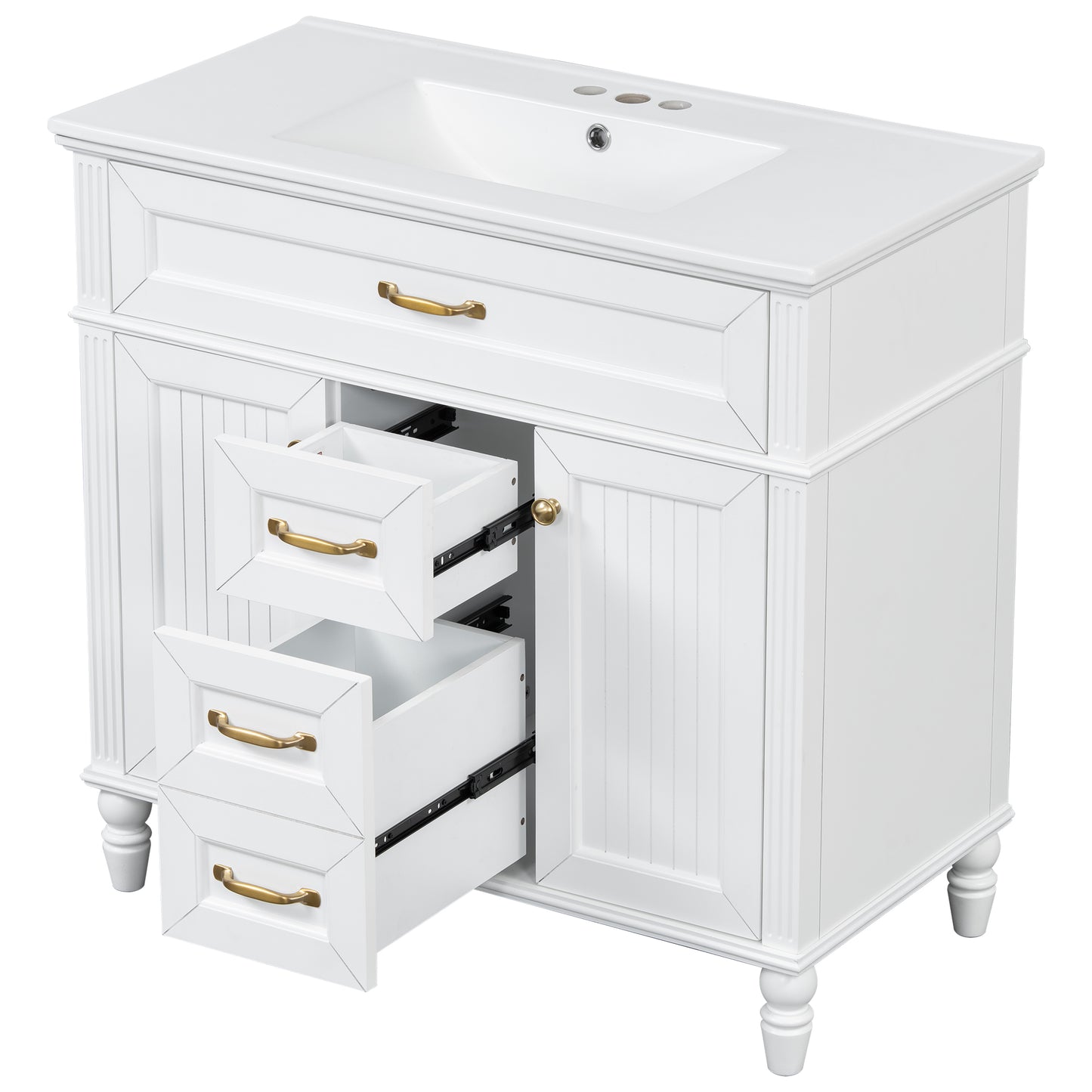 VanityFus 36-in White Bathroom Vanity Single Sink Combo Ceramic Top 2 Soft Close Doors 3 drawers Undermount