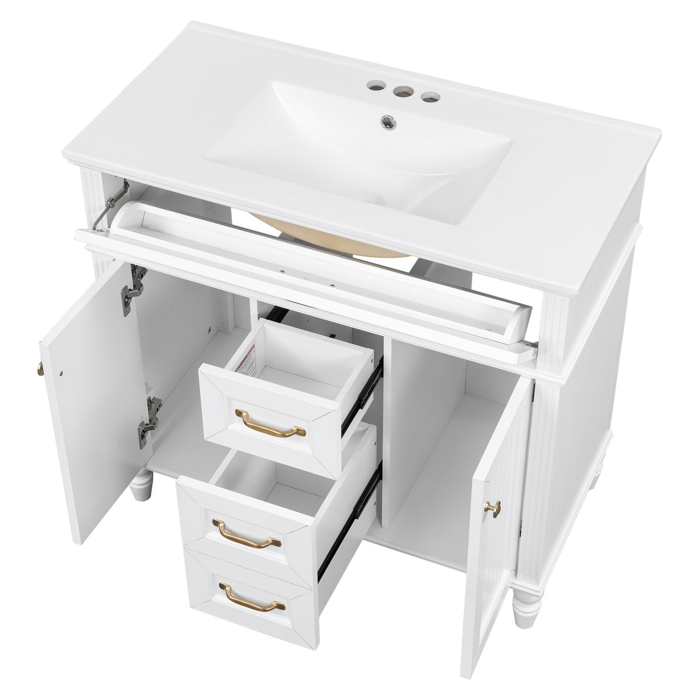 VanityFus 36-in White Bathroom Vanity Single Sink Combo Ceramic Top 2 Soft Close Doors 3 drawers Undermount