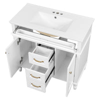 VanityFus 36-in White Bathroom Vanity Single Sink Combo Ceramic Top 2 Soft Close Doors 3 drawers Undermount