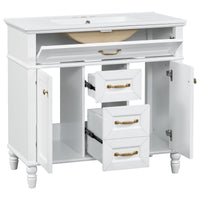 VanityFus 36-in White Bathroom Vanity Single Sink Combo Ceramic Top 2 Soft Close Doors 3 drawers Undermount