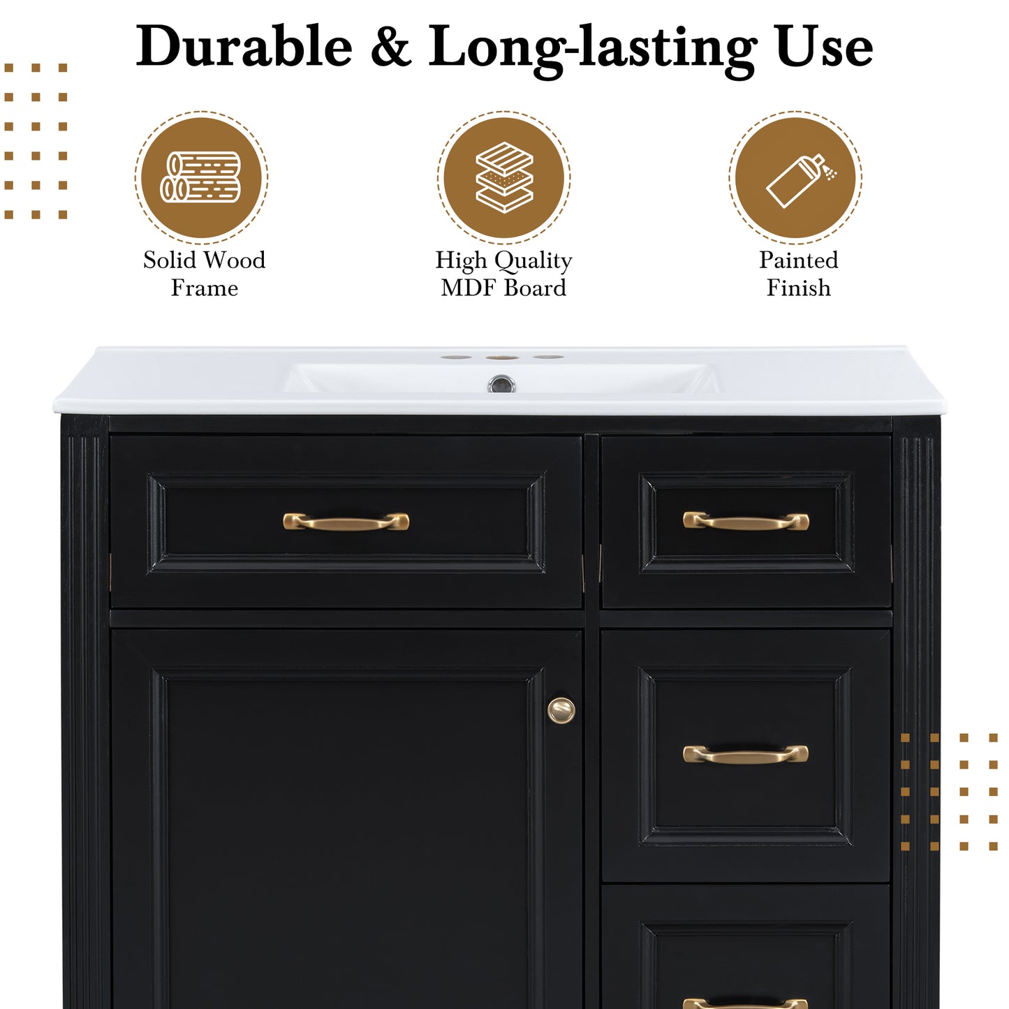 VanityFus 36-in Black Bathroom Vanity Single Sink Combo Ceramic Top 1 Soft Close Door 4 drawers Undermount Adjustable Shelves