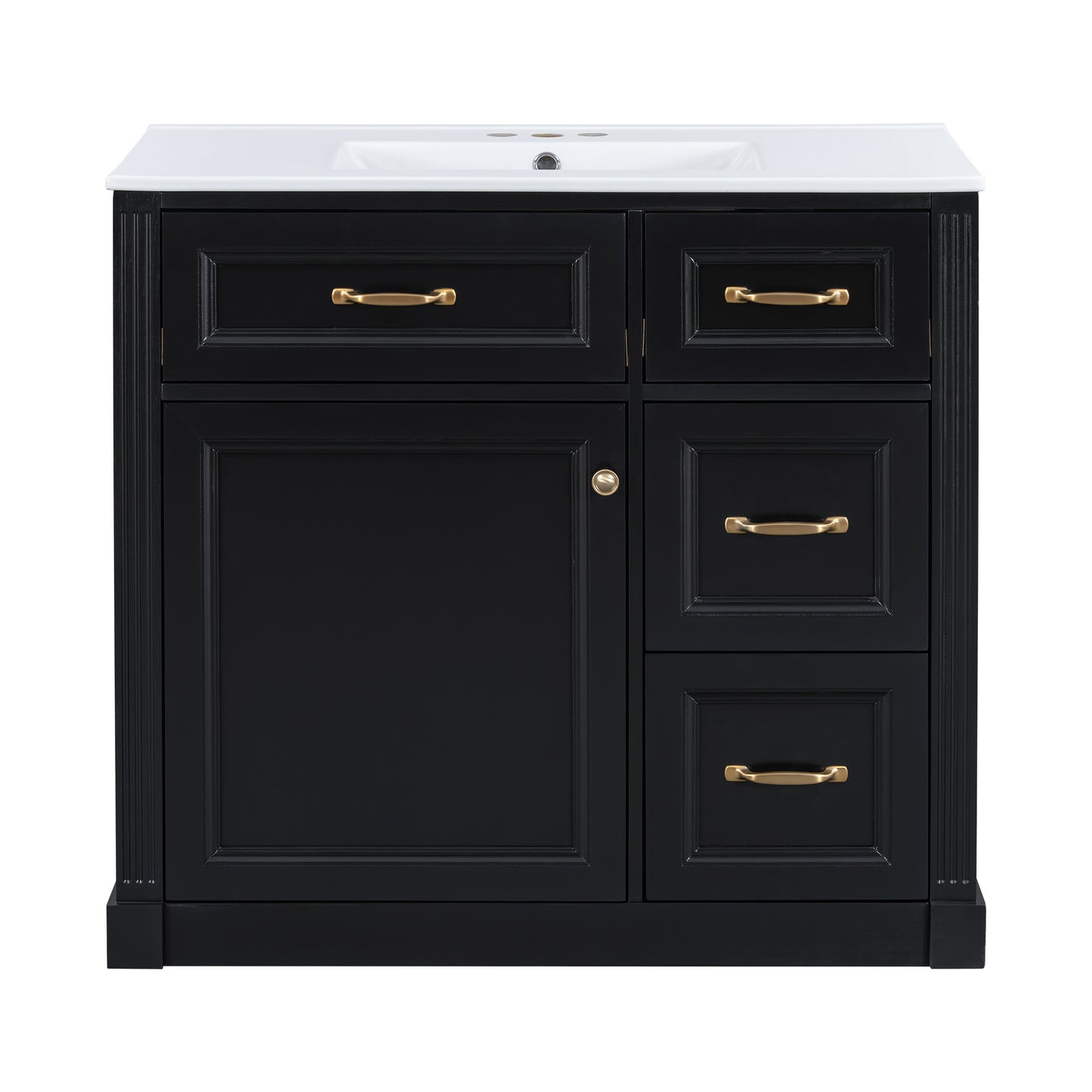 VanityFus 36-in Black Bathroom Vanity Single Sink Combo Ceramic Top 1 Soft Close Door 4 drawers Undermount Adjustable Shelves
