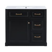 VanityFus 36-in Black Bathroom Vanity Single Sink Combo Ceramic Top 1 Soft Close Door 4 drawers Undermount Adjustable Shelves