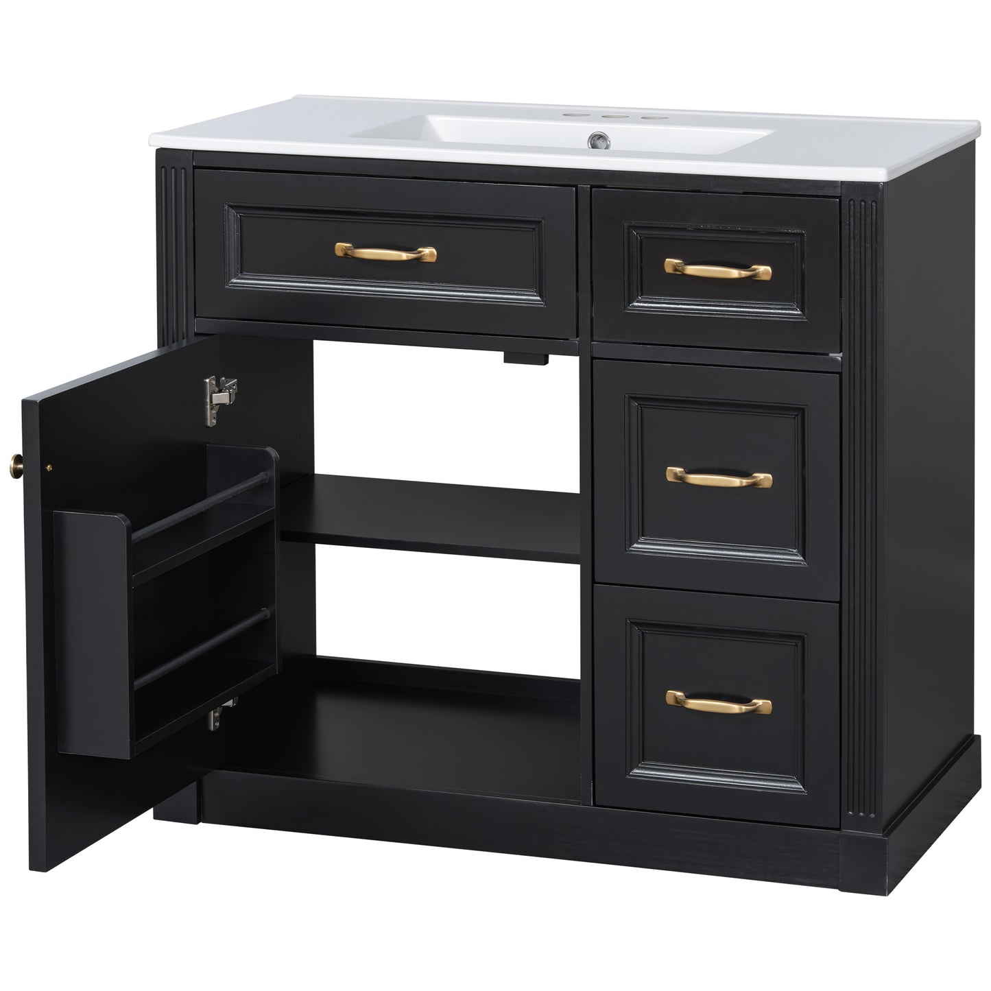 VanityFus 36-in Black Bathroom Vanity Single Sink Combo Ceramic Top 1 Soft Close Door 4 drawers Undermount Adjustable Shelves