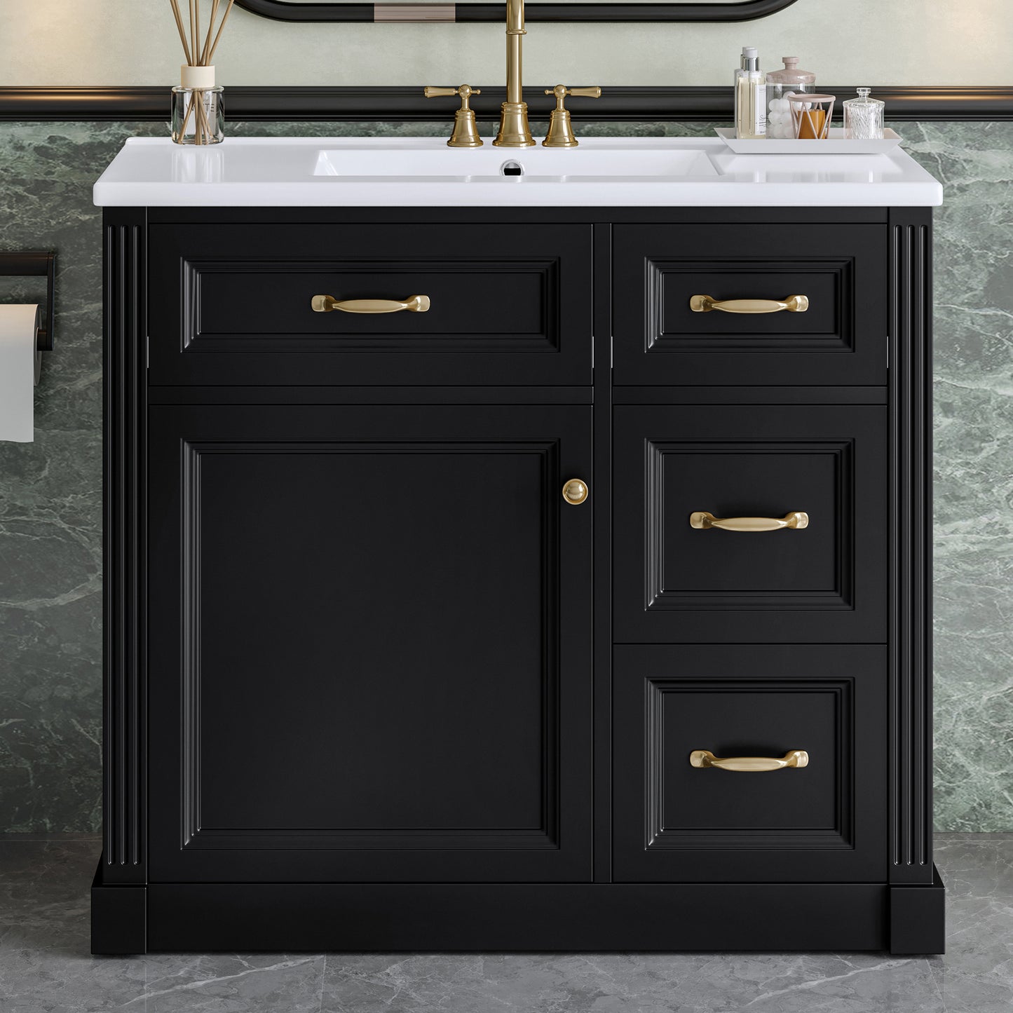 VanityFus 36-in Black Bathroom Vanity Single Sink Combo Ceramic Top 1 Soft Close Door 4 drawers Undermount Adjustable Shelves